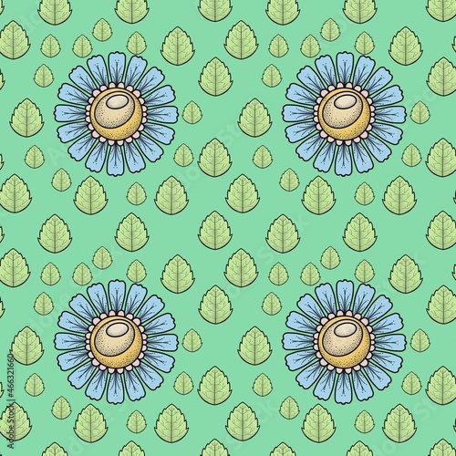 Color illustration, decorative daisies with leaves, seamless pattern on a light green background