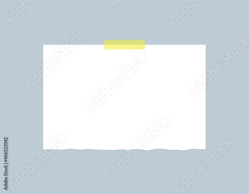 Piece of torn paper with sticky tape. Vector template design. Blank paper sheet mockup. Vector sheet of white paper with adhesive tape.