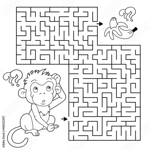 Maze or Labyrinth Game. Puzzle. Coloring Page Outline Of cartoon little monkey with bananas. Coloring book for kids.