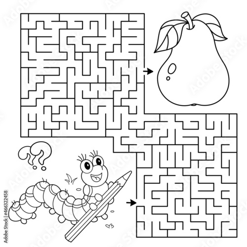 Maze or Labyrinth Game. Puzzle. Coloring Page Outline Of cartoon fun caterpillar with pear. Collect all apples. Coloring book for kids.