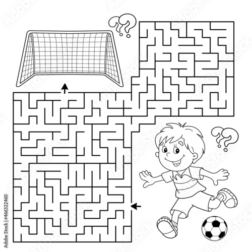 Maze or Labyrinth Game. Puzzle. Coloring Page Outline Of cartoon boy with soccer ball. Football. Sport activity. Coloring book for kids.