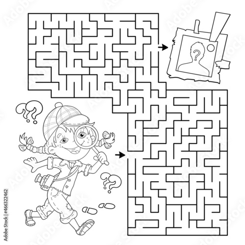 Maze or Labyrinth Game. Puzzle. Coloring Page Outline Of cartoon girl detective with loupe. Young Sherlock Holmes. Coloring book for kids.