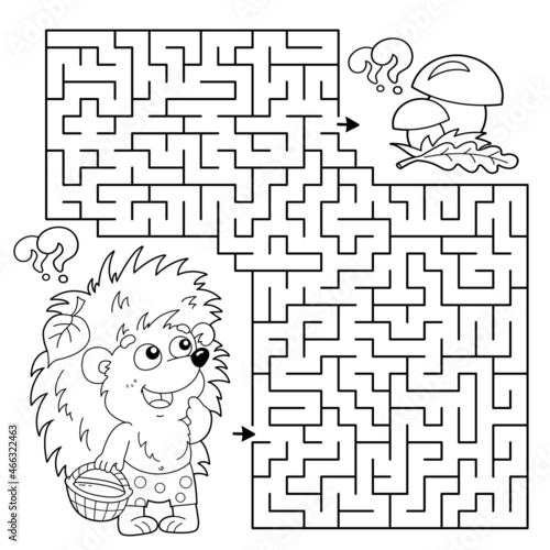 Maze or Labyrinth Game. Puzzle. Coloring Page Outline Of cartoon little hedgehog with basket of mushrooms. Coloring book for kids.