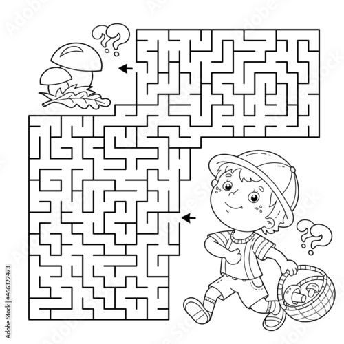 Maze or Labyrinth Game. Puzzle. Coloring Page Outline Of cartoon fun boy with basket. Little mushroom picker. Coloring book for kids.