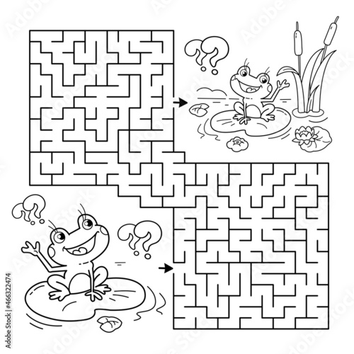 Maze or Labyrinth Game. Puzzle. Coloring Page Outline Of cartoon little frogs. Two fun friends. Coloring book for kids.