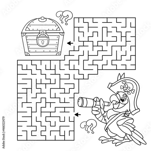 Maze or Labyrinth Game. Puzzle. Coloring Page Outline Of cartoon parrot pirate with telescope. Coloring book for kids.