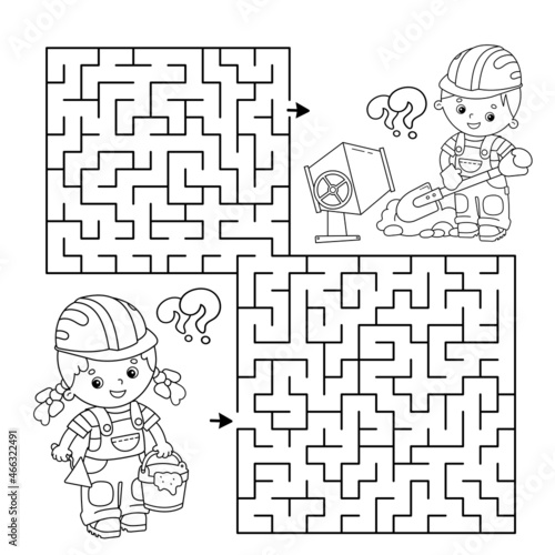 Maze or Labyrinth Game. Puzzle. Coloring Page Outline Of cartoon builders with cement mortar and trowel. Construction. Profession. Coloring book for kids.