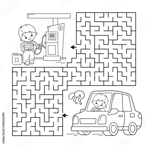 Maze or Labyrinth Game. Puzzle. Coloring Page Outline Of cartoon car with driver on petrol station. Transport or vehicle. Coloring book for kids.