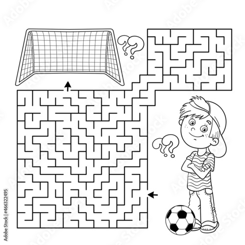 Maze or Labyrinth Game. Puzzle. Coloring Page Outline Of cartoon boy with soccer ball. Football. Sport activity. Coloring book for kids.
