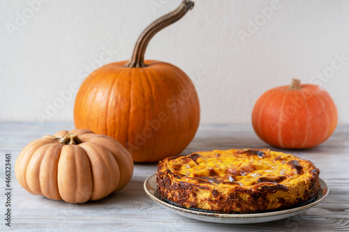 Cottage cheese casserole with pumpkin. Seasonal Thanksgiving Pie. Selective focus.
