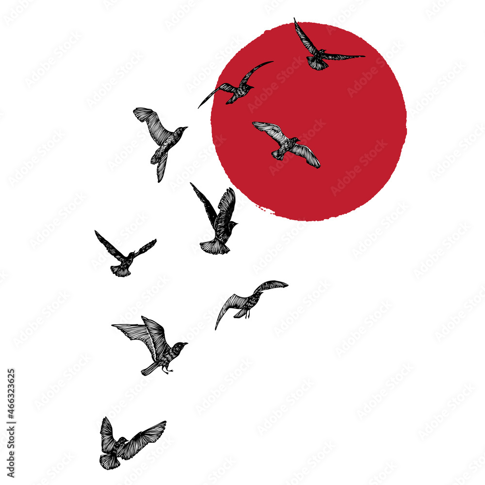 Set of nautical design of ocean emblem with seagulls bird flock at sunset. Stroke drawing of flying sea gull. Concept inspirational body flash tattoo. Tropical exotic nature seascape, sail. Vector. Set of nautical design of ocean emblem with seagulls bird flock at sunset. Stroke drawing of flying sea gull. Concept inspirational body flash tattoo. Tropical exotic nature seascape, sail. Vector.