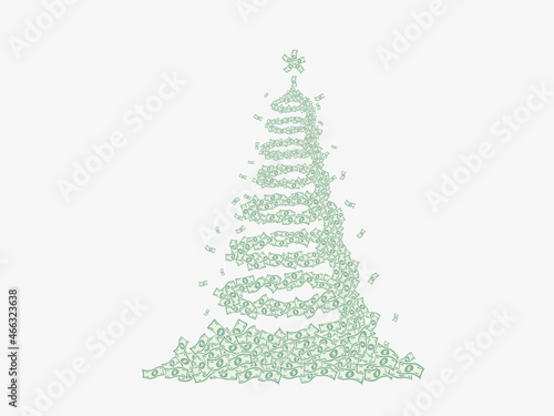 Christmas tree fir-tree made of money paper banknotes, whirlwind, spiral. Merry christmas and happy new year