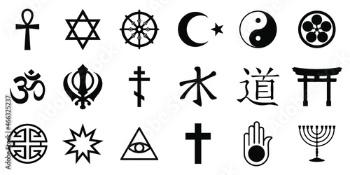 Religious symbols. Set of miscellaneous religious icons on white background. Black religious icons. Vector illustration.