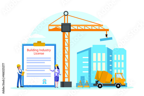 Building industry license vector concept. Two workers standing with building industry license while working in construction site