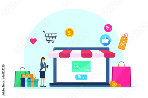 Gift card vector concept. Young woman getting a gift card from store online while shopping on a laptop