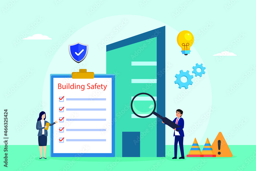 Building safety vector concept. Two business people using a magnifier to checking building while