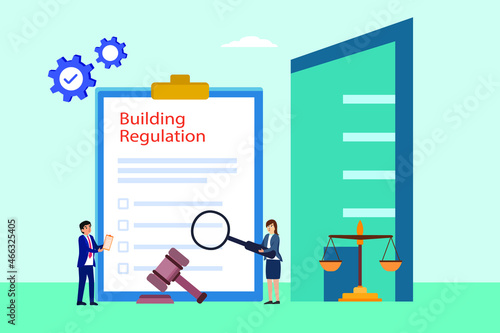 Building regulation vector concept. Two business people using a magnifier while checking building regulation document