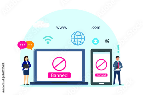 Banned vector concept. Two people sign in on the account with banned symbol while using digital device