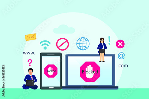 Blocked vector concept. Two people using laptop and cellphone with blocked internet site