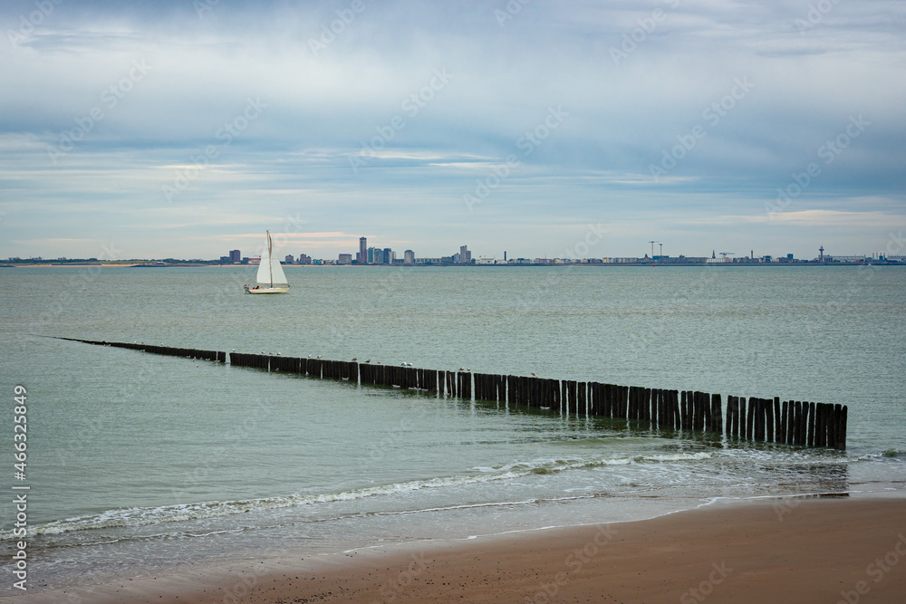 Scenic view from the beach in Breskens with the skyline of the city of Flushing (Vlissingen) in the background.