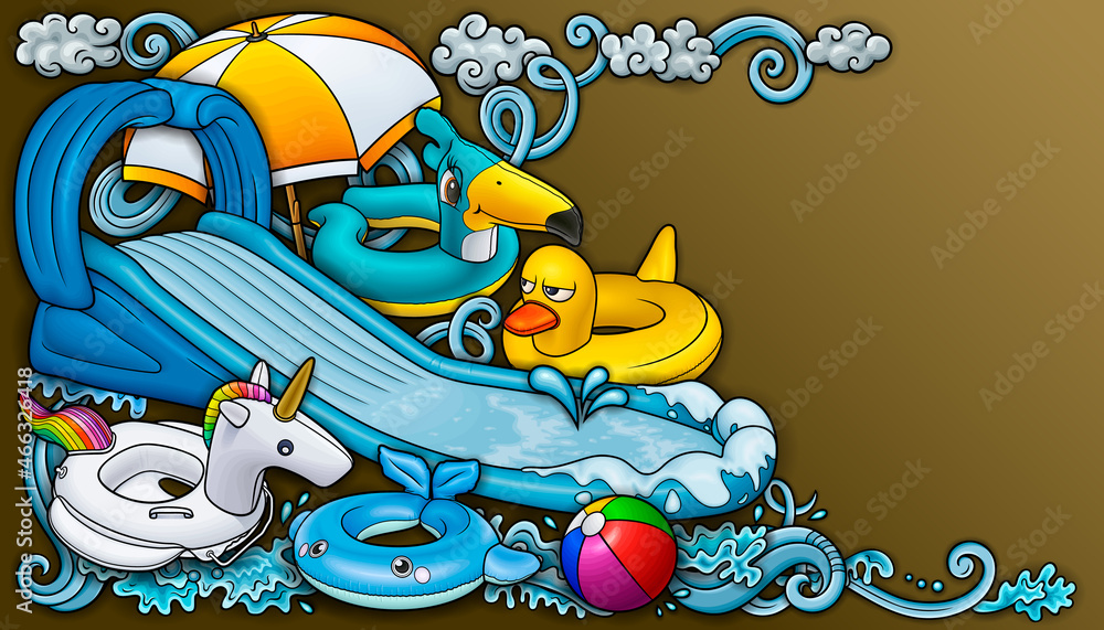 Naklejka premium Cartoon cute doodles hand drawn summer beach children's entertainment illustration.