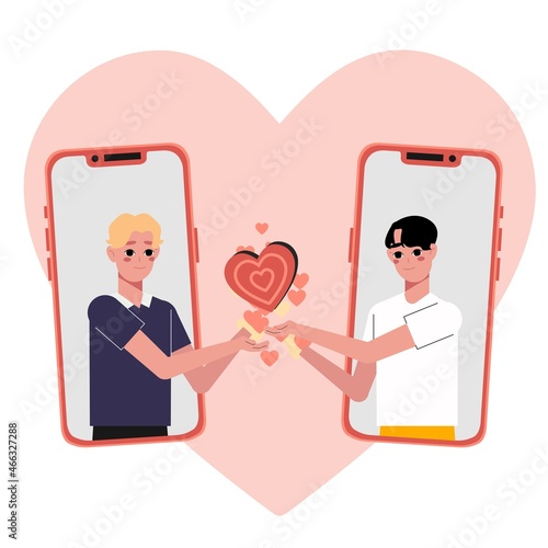 Multiethnic gay couple are proud to be. Young homosexuals gay couple love each other. Element lgbt and gay parade, protest. Vector illustration with lgbt man