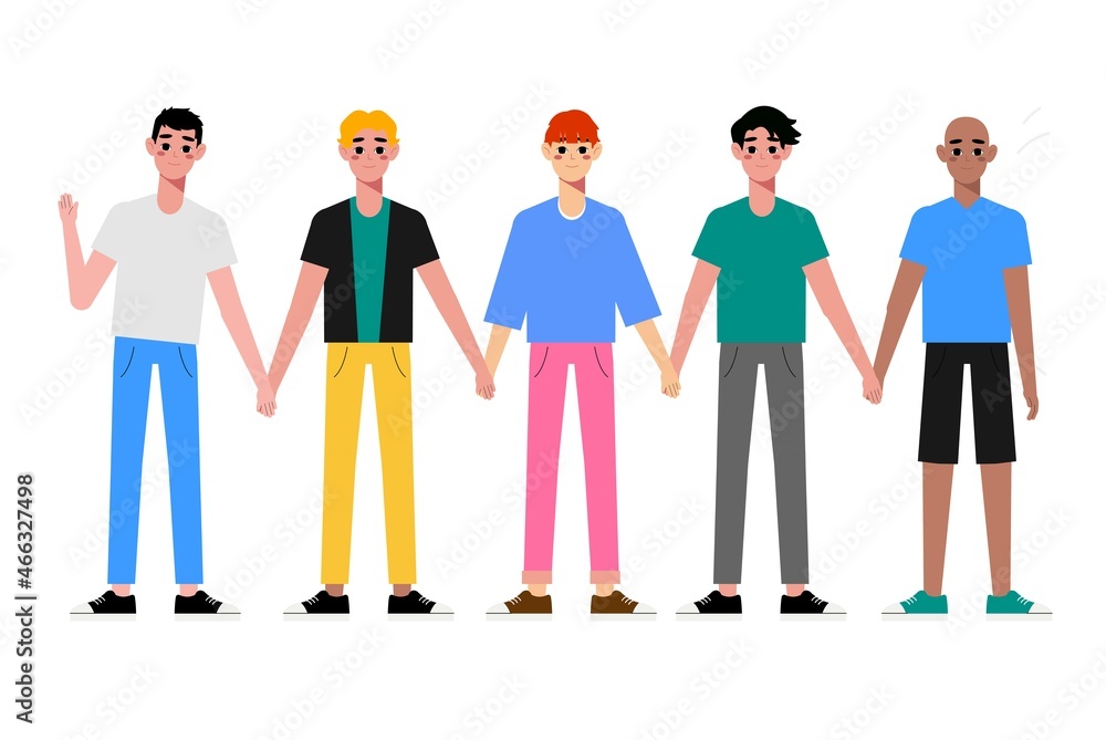 Multiethnic gay are proud to be. Young homosexuals gay couple love each other. Element lgbt and gay parade, protest. Vector illustration with lgbt man Multiethnic gay are proud to be. Young homosexuals gay couple love each other. Element lgbt and gay parade, protest. Vector illustration with lgbt man