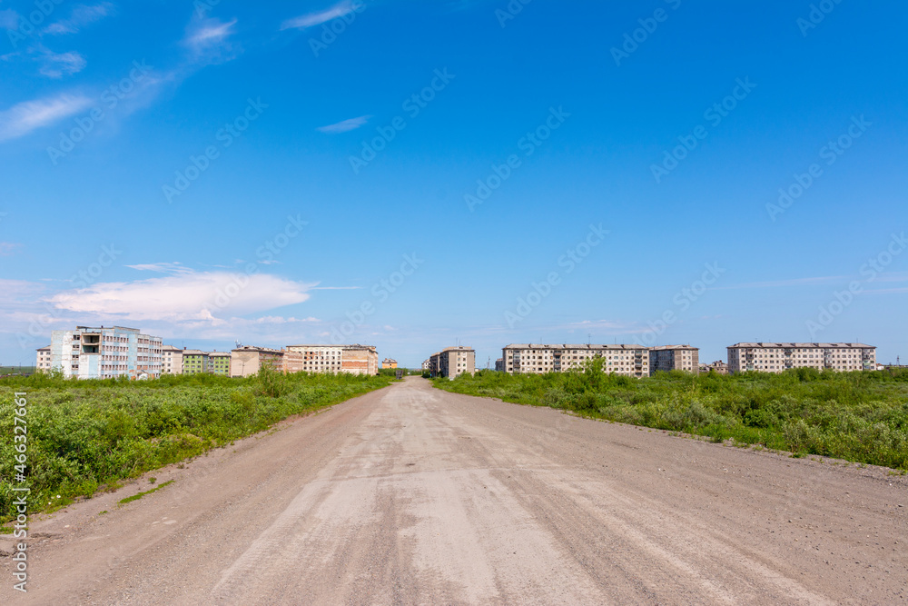 Deserted Road to the Empty Abandoned City. Former city of Komsomolsky, Vorkuta.