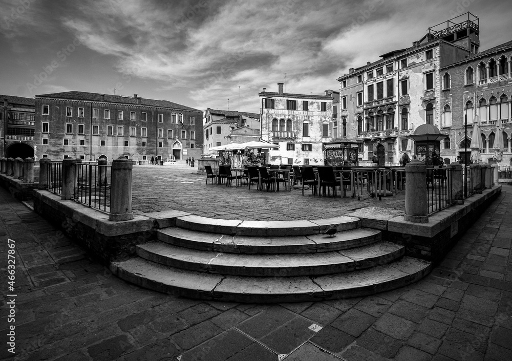Naklejka premium Black and white Venice. View of the old town square and stairs. Venice without water. Italy. Veneto.