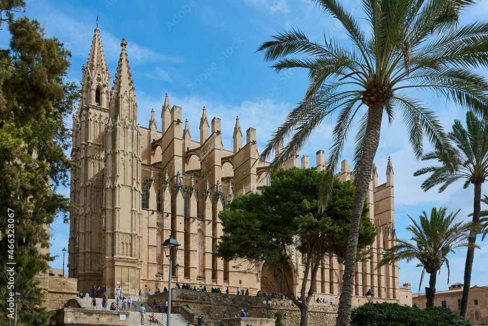 Palma de Mallorca, Spain - October 17, 2021: tourists in front of the cathedral La Seu in Palma de Mallorca, Spain