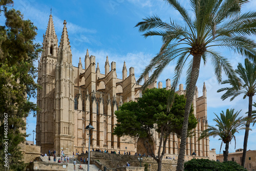 Palma de Mallorca, Spain - October 17, 2021: tourists in front of the cathedral La Seu in Palma de Mallorca, Spain