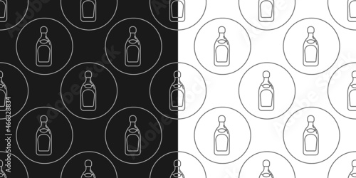 Two view seamless pattern of bottle of tequila in flat style in form of thin lines. In the form of background is circle. Repeat wallpaper pattern beverages. Black and white template for restaurant