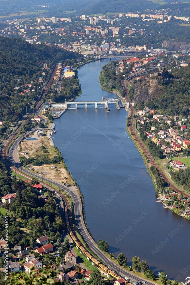 A high angle view to the river Elbe and city Usti nad Labem, Czech republic