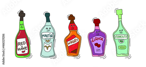 Red wine, martini, whiskey, liquor and vermouth with smile on white background. Cartoon sketch graphic design. Doodle style with black contour line. Cute hand drawn bottle. Party drinks concept.