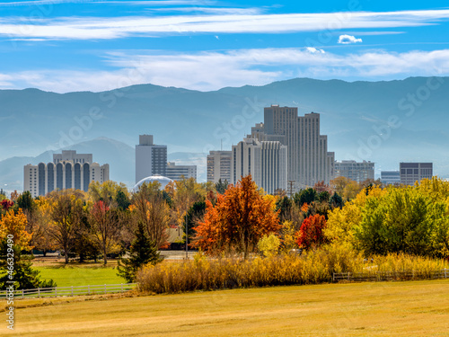 City of Reno downtown skyline cityscape with Hotels, Casinos and skyscrapers during Autumn with vibrant colored trees. photo