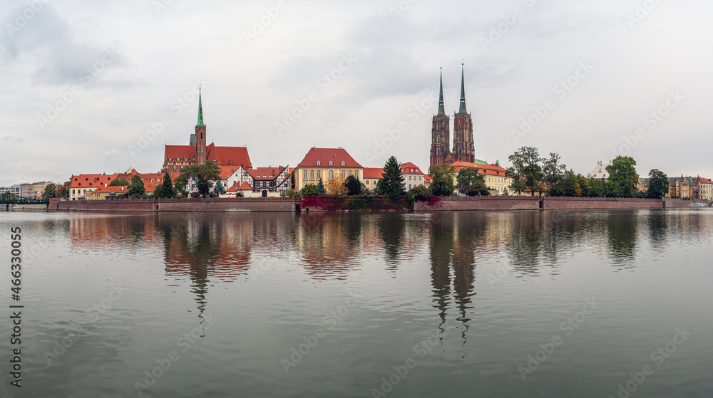 Panoramic view of the oldest part of the city of Wroclaw - Cathedral Island (Ostrow Tumski). Poland.