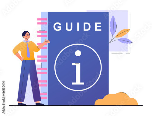 User Guide concept. Man stands next to large book with useful tips and rules for using application or program. Manual with information for customers. Cartoon contemporary flat vector illustration