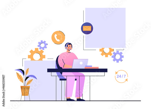 Technical support concept. Man with headphones sitting at workplace at laptop and taking calls from users. Employee helps clients solve problem and answers questions. Cartoon flat vector illustration
