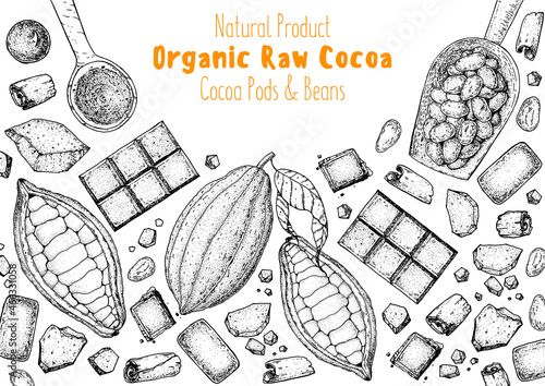Сhocolate cooking and ingredients for chocolate, sketch illustration. Cocoa pod and cocoa products. Vector illustration. Super food frame. Healthy food, design elements. Hand drawn, package design.