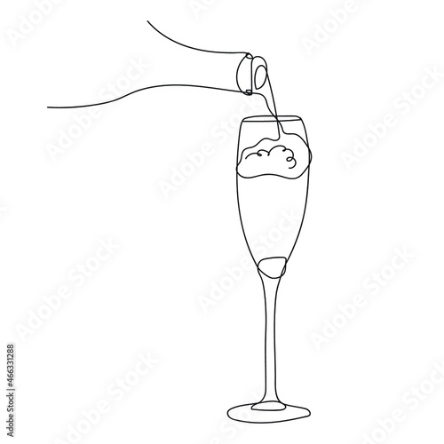 Prosecco glass The process of pouring wine into a glass. Pours champagne from a bottle into a glass. Line art, vector continuous line drawing. Black and white illustration. Christmas, New Year holiday