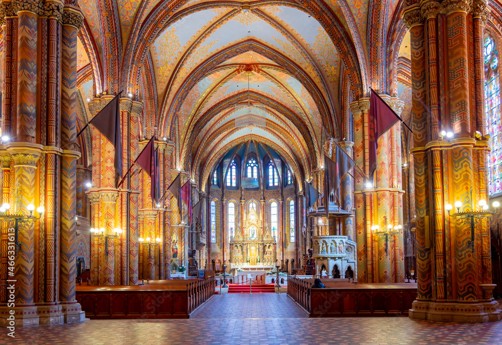 Interiors of Matthias church in Fisherman bastion, Budapest, Hungary 