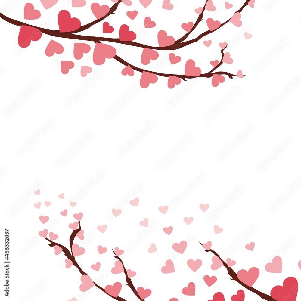 Blooming sakura twig on a white background. Vector illustration. Valentine's Day illustration. A twig of hearts.