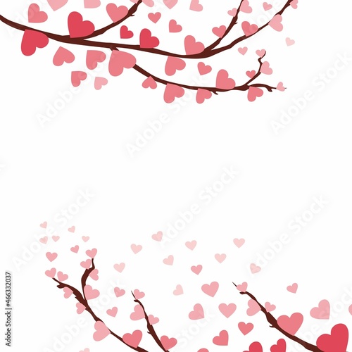 Blooming sakura twig on a white background. Vector illustration. Valentine s Day illustration. A twig of hearts.