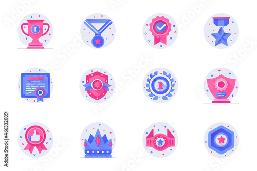 Award concept web flat color icons with shadow set. Pack pictograms of cup, winning medal, star, certificate, crown, victory and other. Vector illustration of symbols for website mobile app design