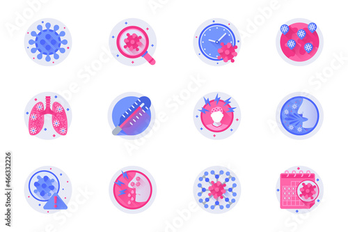 Coronavirus concept web flat color icons with shadow set. Pack pictograms of virus, disease, pandemic, lung, temperature, cough and other. Vector illustration of symbols for website mobile app design
