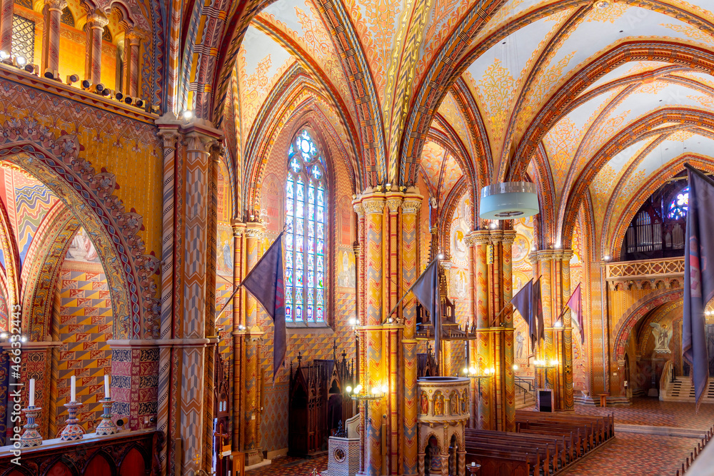 Interiors of Matthias church in Fisherman bastion, Budapest, Hungary 