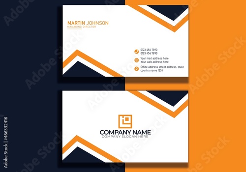 Horizontal white yellow-brown and dark blue shapes business card