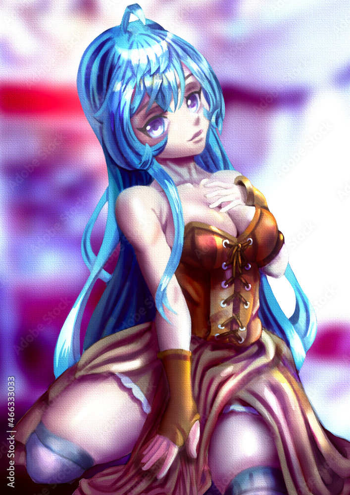 Sexy manga anime girl with big breasts and long hair in a corset sitting  illustration wallpaper with canvas texture Illustration Stock | Adobe Stock