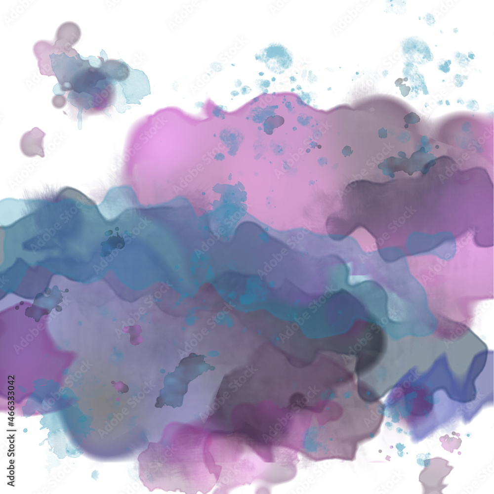 Watercolor abstract vintage background with purple and blue spots and splashes on a white backdrop. Illustrations.