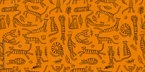 Collection of tigers and tropical leaves. Seamless Pattern for your design